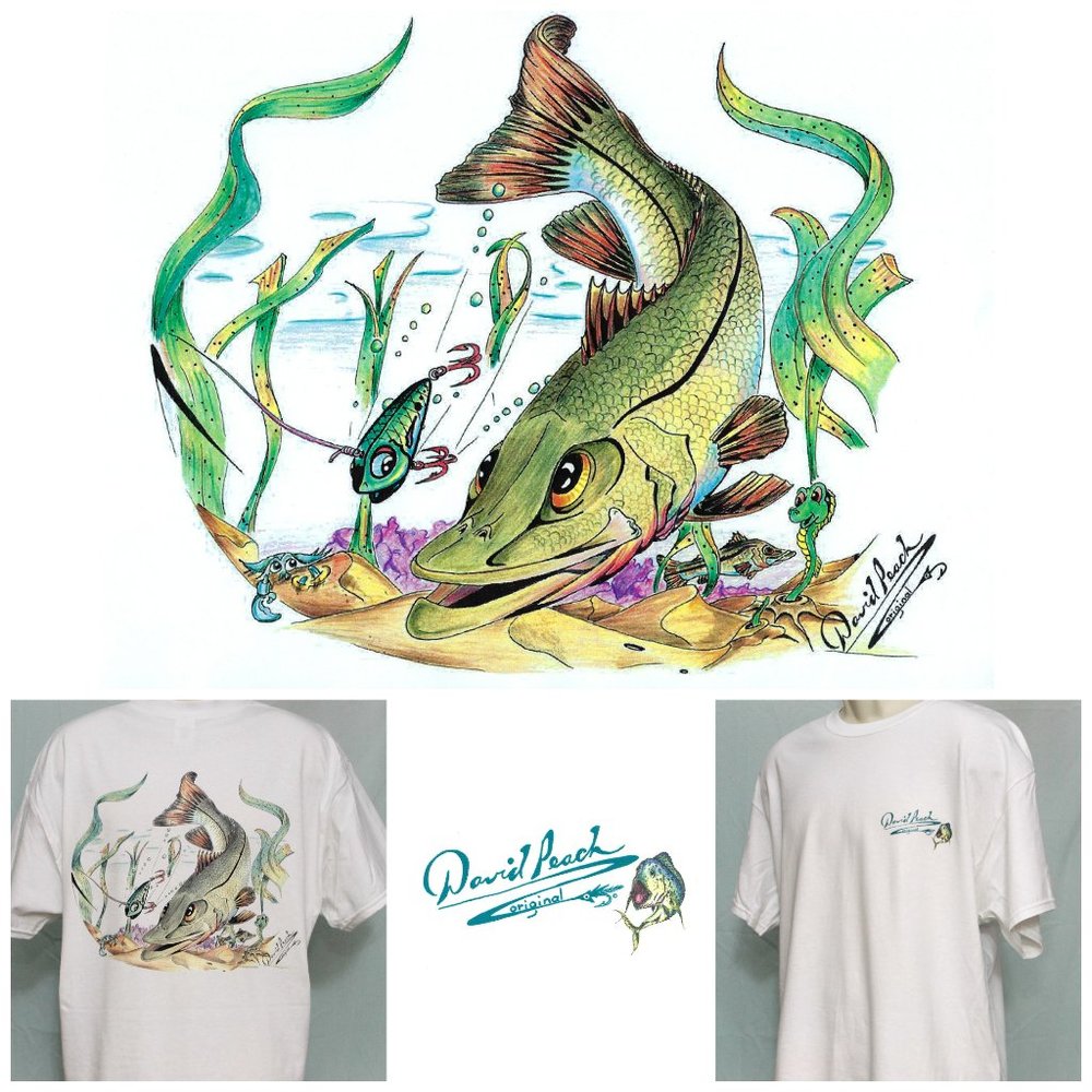 Wild Cartoon Snook Fishing T-Shirt Chasing Lure on Bottom  with Crab EEL XL